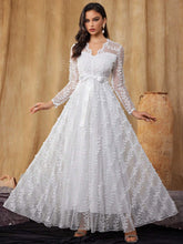 Women's 3D Embroidered Mesh Lace Wedding Dress Long Sleeve V Neck Belt Gown